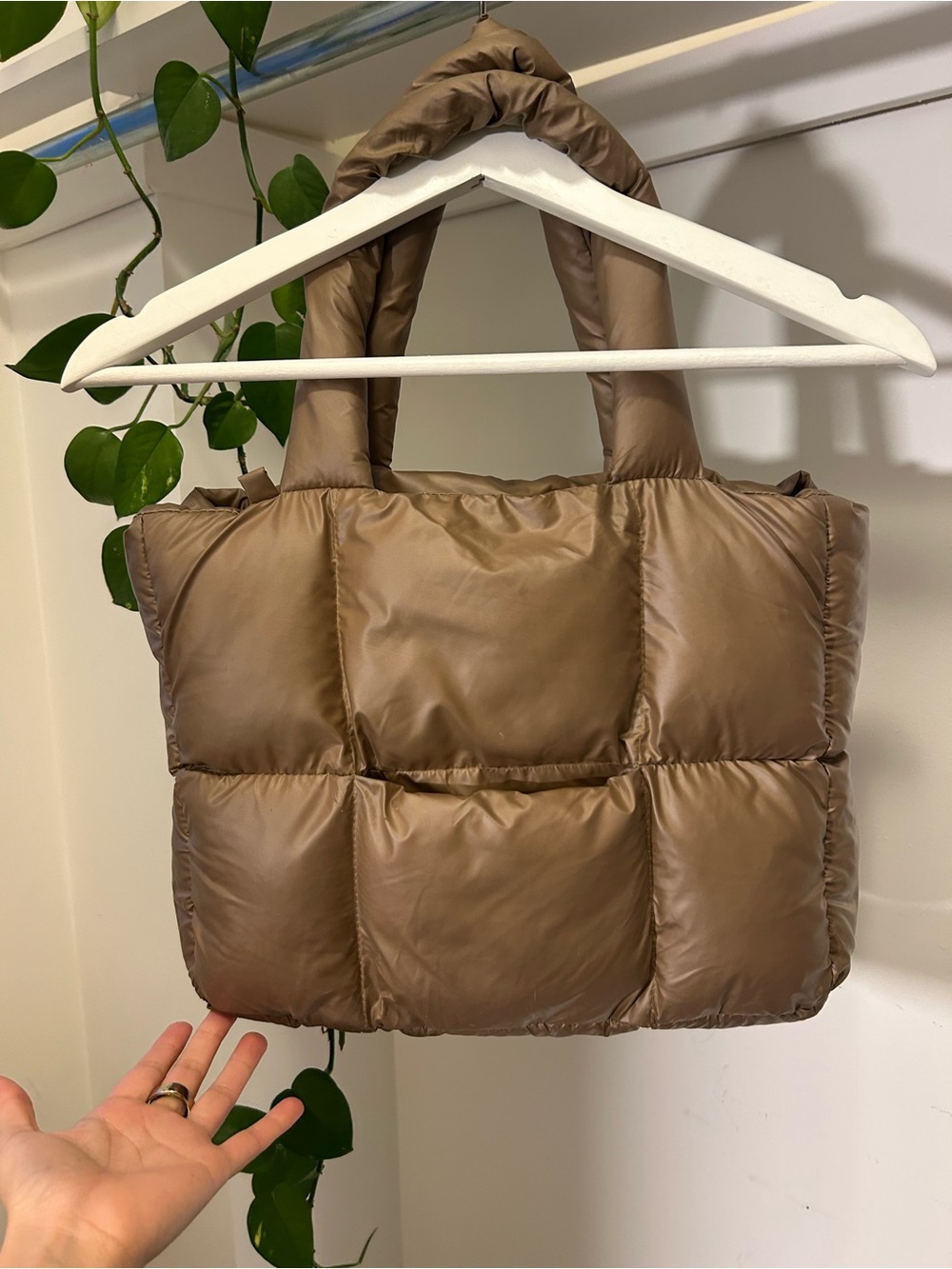 Puffer Tote Bag in Taupe - Quilted Women's Handbag